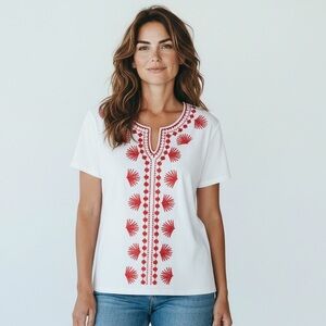 Talbots ladies embroidered top Petite M 100% cotton very good cond white and red